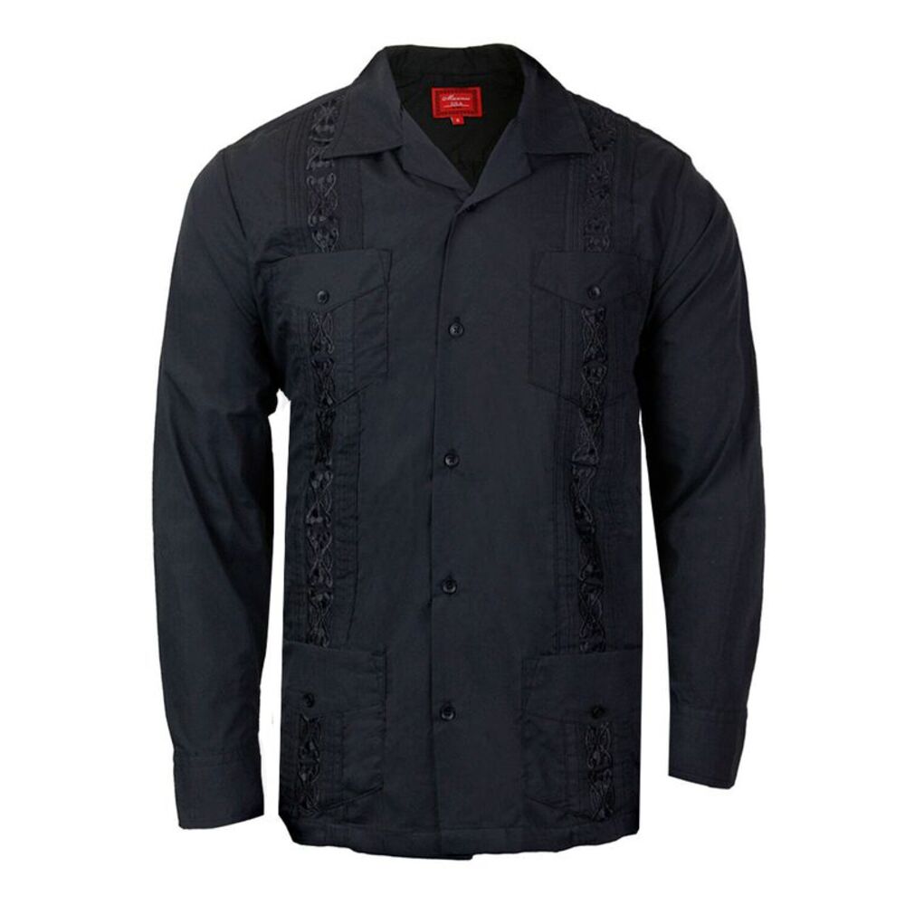Men's Long Sleeve Guayabera Cuban Beach Wedding Button-Up Dress Shirt Black